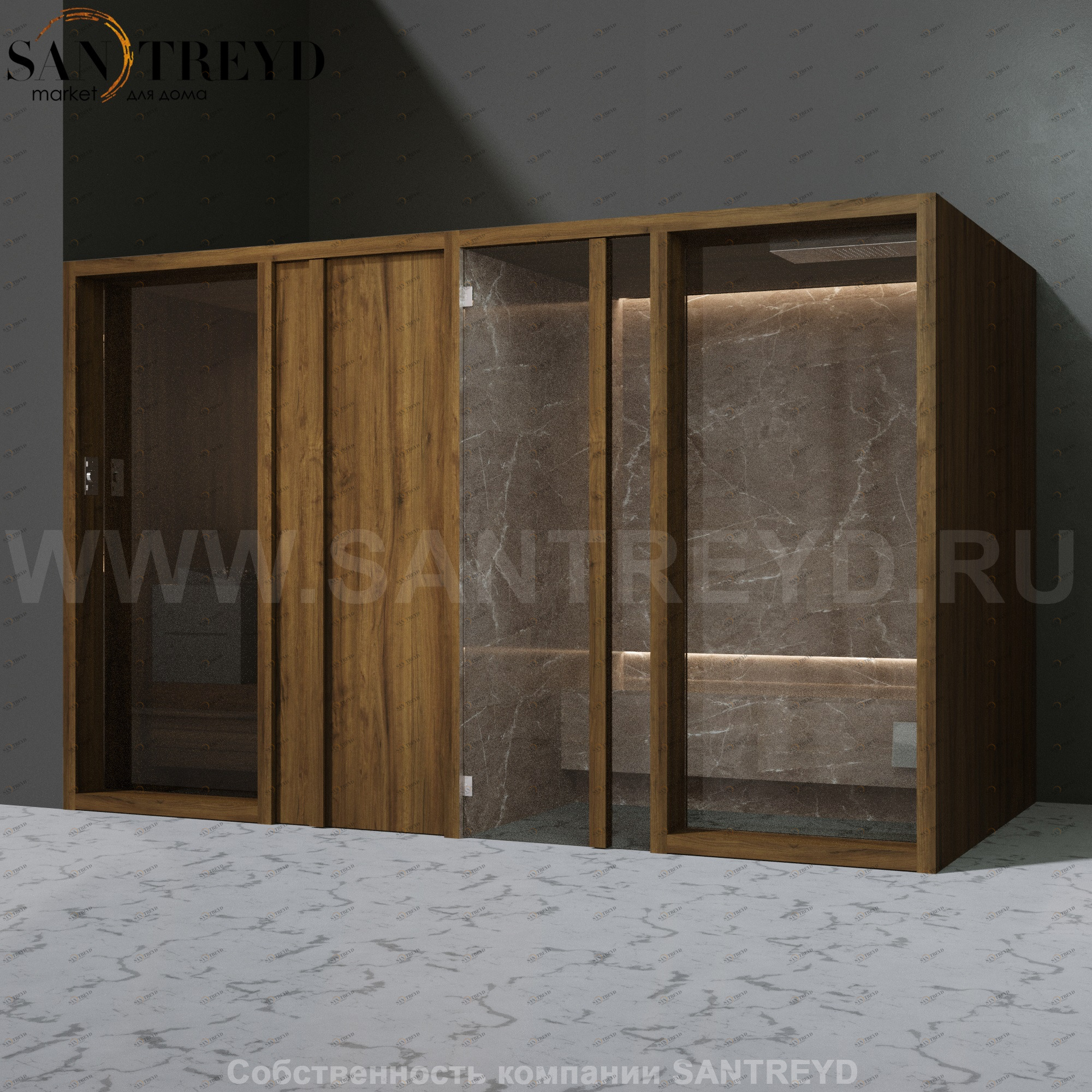 Effegibi YOKU.D SH YO.20320003 Комбинированная баня: хаммам и сауна. Установка: в левый угол. Мощность: 10,5 кВт макс. Размеры: длина 342 см, ширина 170 см. Отделка: чёрный орех и темный керамогранит YO20320003