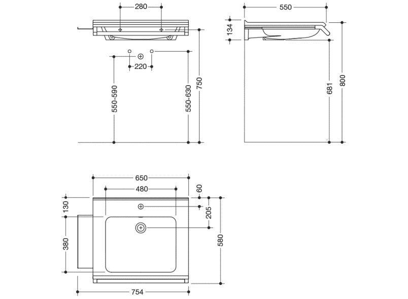 950.19.082 Комплект умывальника с ручкой и полкой HEWI Waschtische  - Вид №1