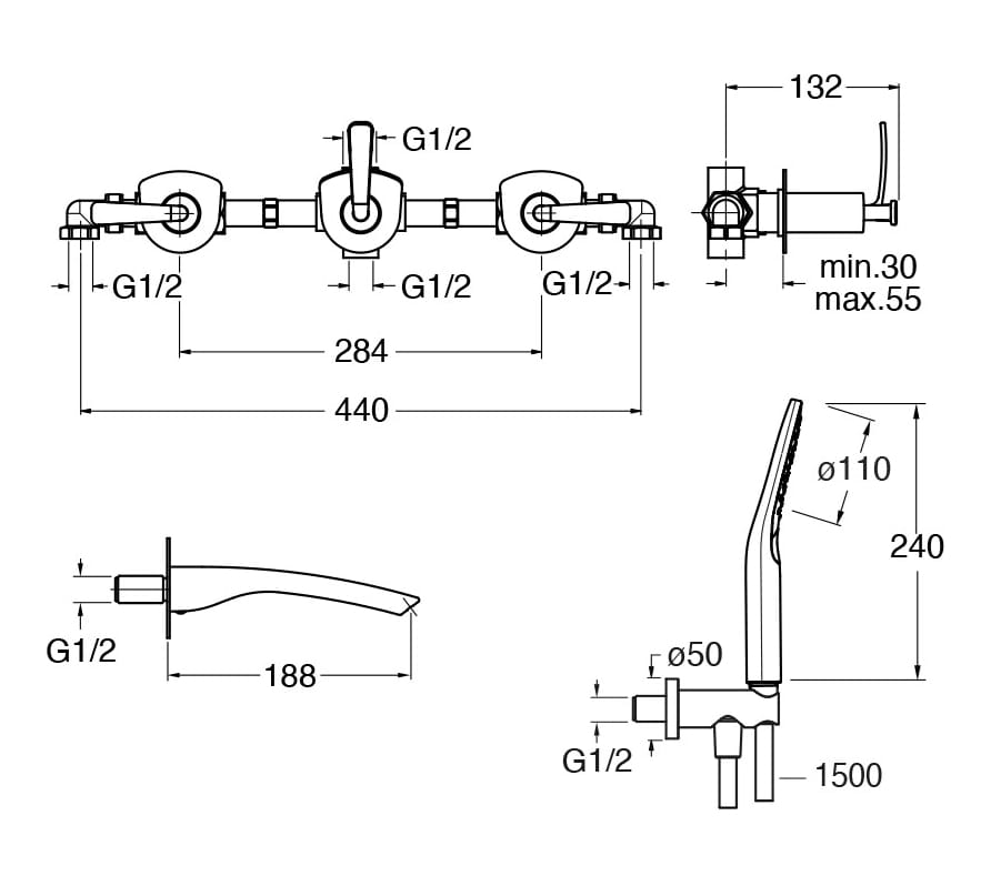 Настенный смеситель для ванны с 5 отверстиями CRISTINA Rubinetterie пузырьки ARCH-00111888 - Вид №2