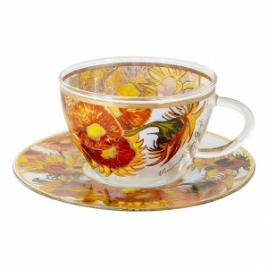 Чашка стеклянная с блюдцем синяя с оранжевым в подарочной упаковке "Подсолнухи" (В. Ван Гог) CARMANI В. ВАН ГОГ 00-3946868 Оранжевый;синий