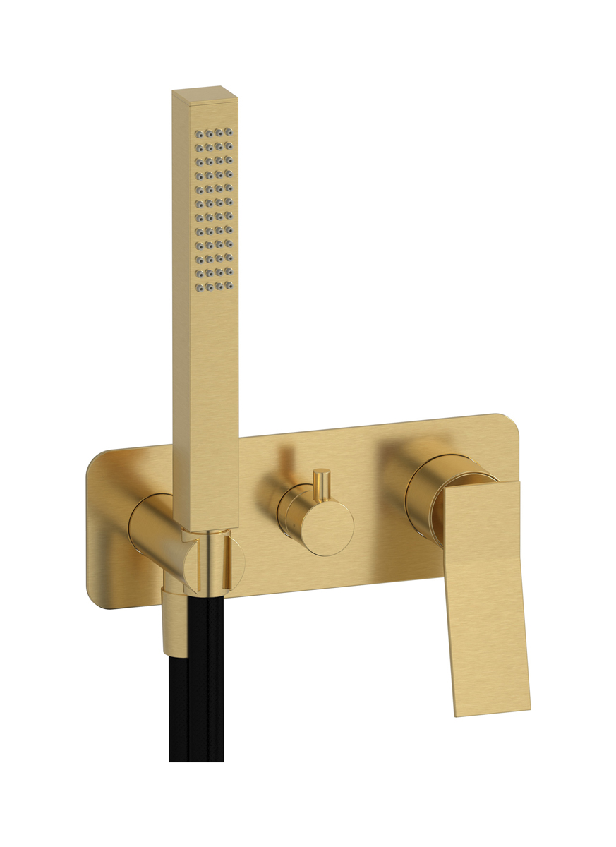 Внешние части встроенного в стену смесителя на 2 потребителя в комплекте с душевым гарнитуром. WE ARE IB wa313np Brushed Gold Wave