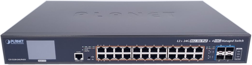 GS-5220-24UP4XV Planet l2+/l4 24-port 10/100/1000t 75w ultra poe + 4-port 10g sfp+ managed switch with color lcd touch screen, hardware layer3 ipv4/ipv6 static routing (400w poe budget, onvif) PLANET Technology Corporation Santreyd 