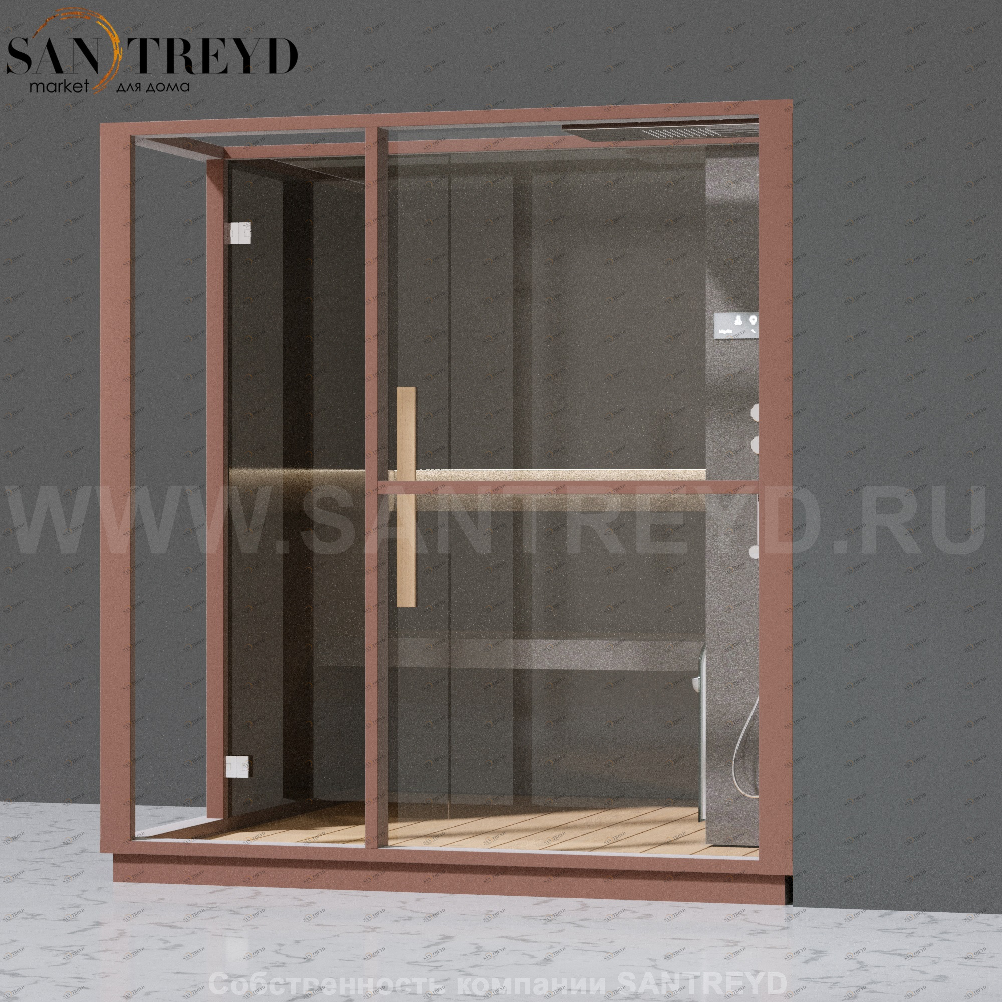 Effegibi LOGICA H LO30030007 Хаммам. Установка: в правый угол. Правая дверь. Мощность: 4,5 кВт макс. Размеры: длина 214 см, ширина 250 см. Отделка: матовый лакированный коричневый аллюминий и темный ламинат из керамогранита.