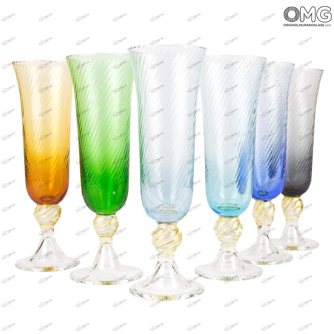 931 ORIGINALMURANOGLASS Набор из 6 разноцветных бокалов-флюте для шампанского - муранское стекло OMG 7 см 
