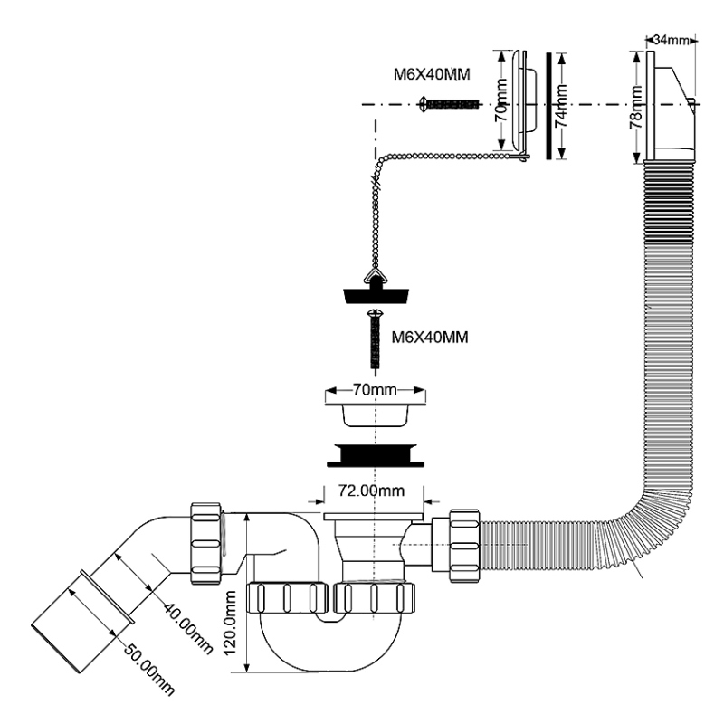 Слив-перелив McAlpine L368 х D34 мм нерж. реш. пробкой и цепочкой выход D=40/50 мм MRB1
