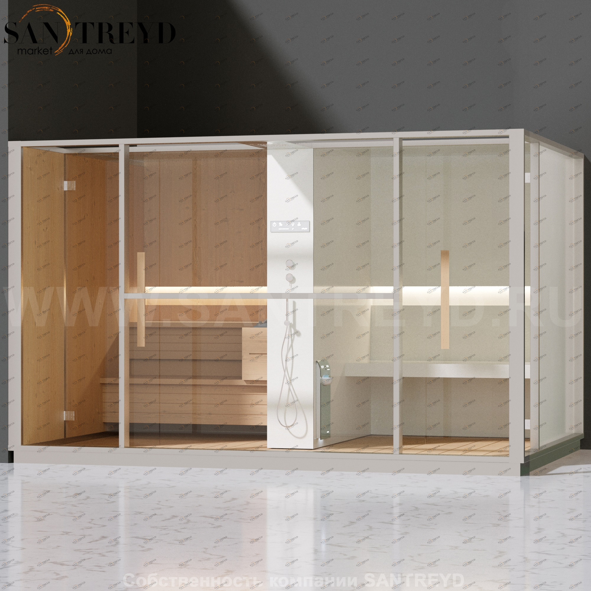 Effegibi LOGICA LO10020002 Комбинированная баня: хаммам и сауна. Установка: в левый угол. Мощность: 10,5 кВт макс. Размеры: длина 373 см, ширина 250 см. Отделка: канадский хемлок, матовый лакированный белый аллюминий и серый ламинат из керамогранита.