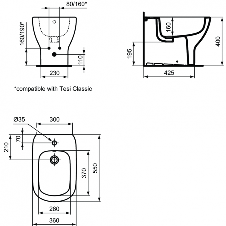 T3540V3 Напольное пристенное биде с отверстием под смеситель Ideal Standard TESI - Вид №4