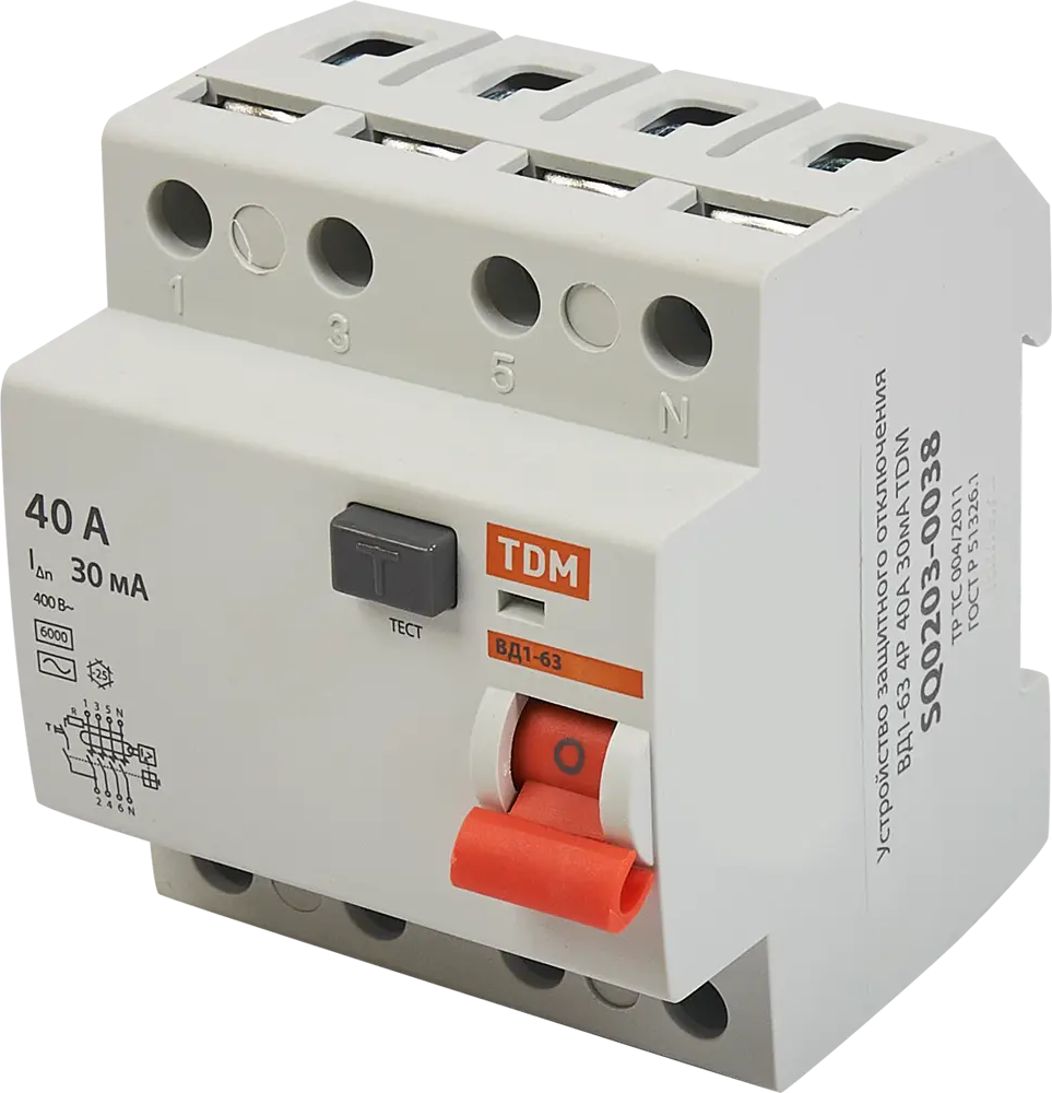 УЗО TDM Electric ВД1-63 4P 40А с защитой от токов утечки 84399439