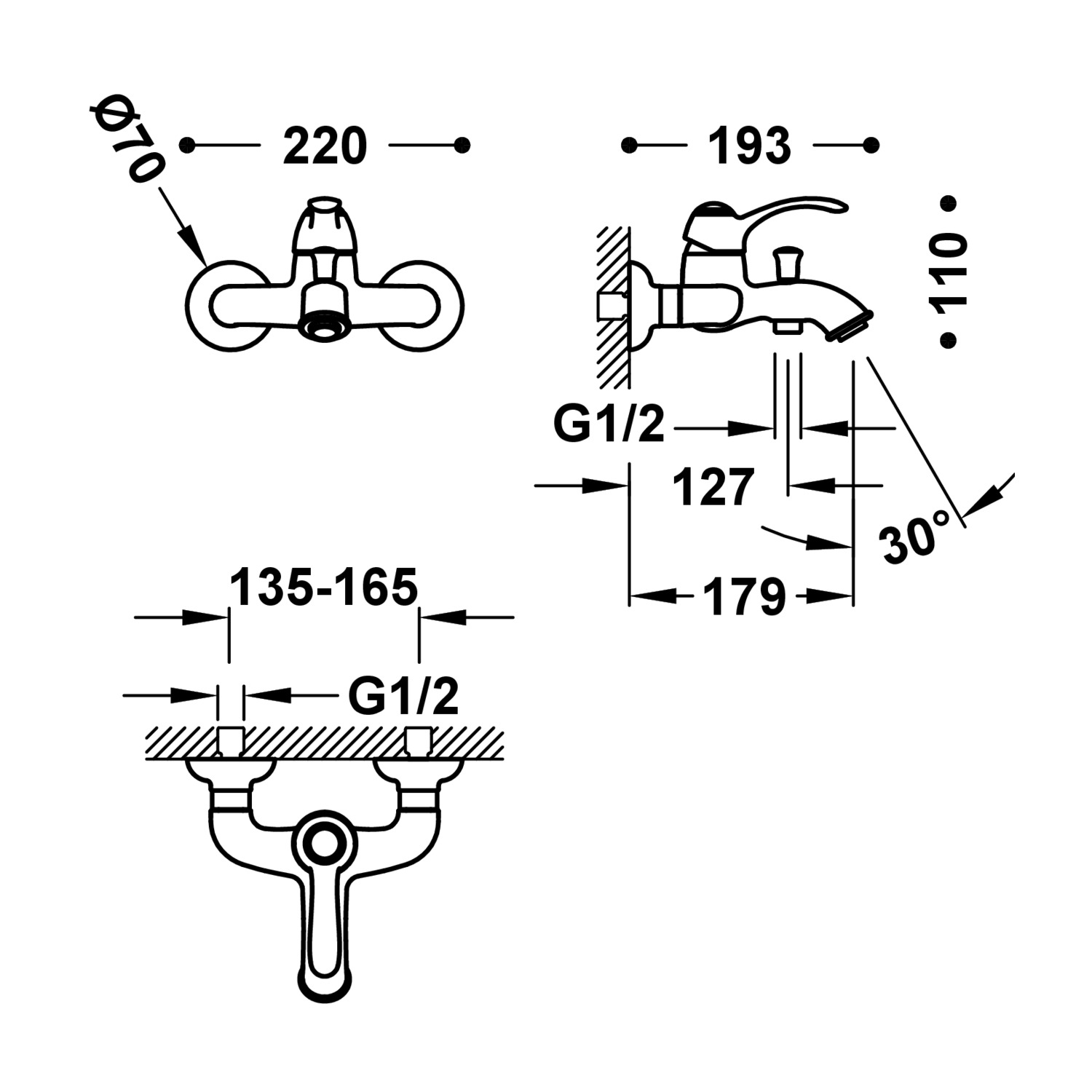 Настенный смеситель TRES CLASIC с одной ручкой для ванны и душа-24217001AC TRES  - Вид №1