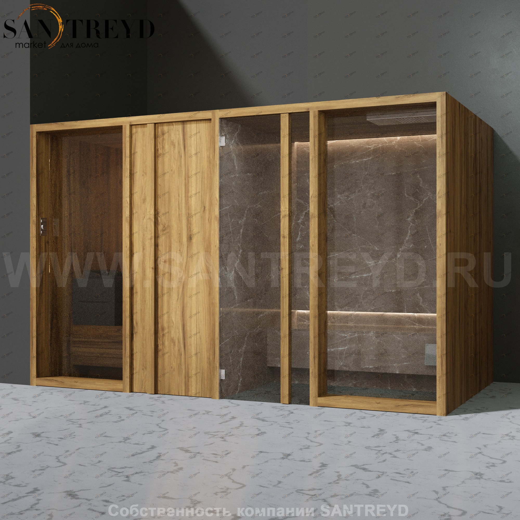 Effegibi YOKU.D SH YO.20220003 Комбинированная баня: хаммам и сауна. Установка: в левый угол. Мощность: 10,5 кВт макс. Размеры: длина 342 см, ширина 170 см. Отделка: термообработанное дерево и темный керамогранит YO20220003