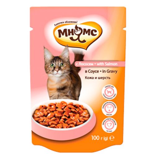 ПР0038790 Корм для кошек Кожа и шерсть, лосось в соусе конс. пауч 100г МНЯМС 