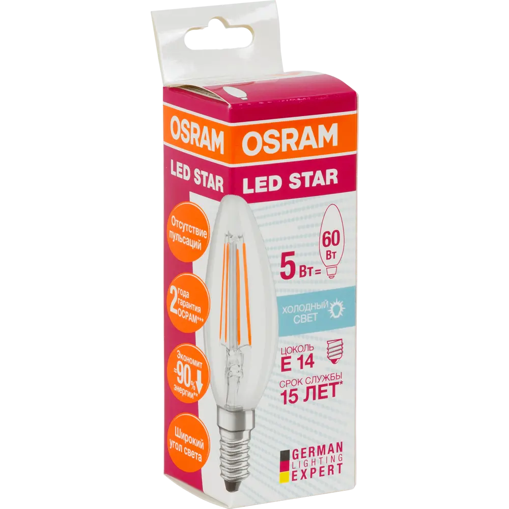 Лампа светодиодная Osram E14 220 В 5 Вт свеча 660 лм холодный белый свет 82057139 STLM-2007756  - Вид №1