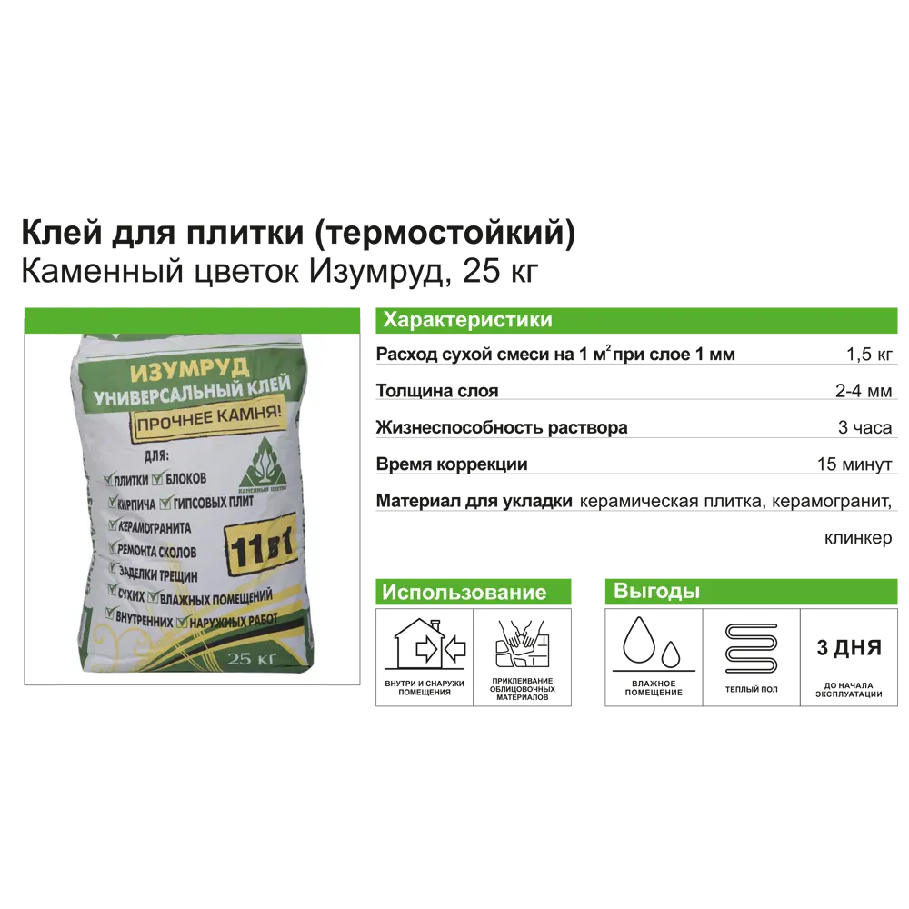 Клей для плитки Каменный цветок Изумруд 25 кг STLM-2052853 - Вид №2