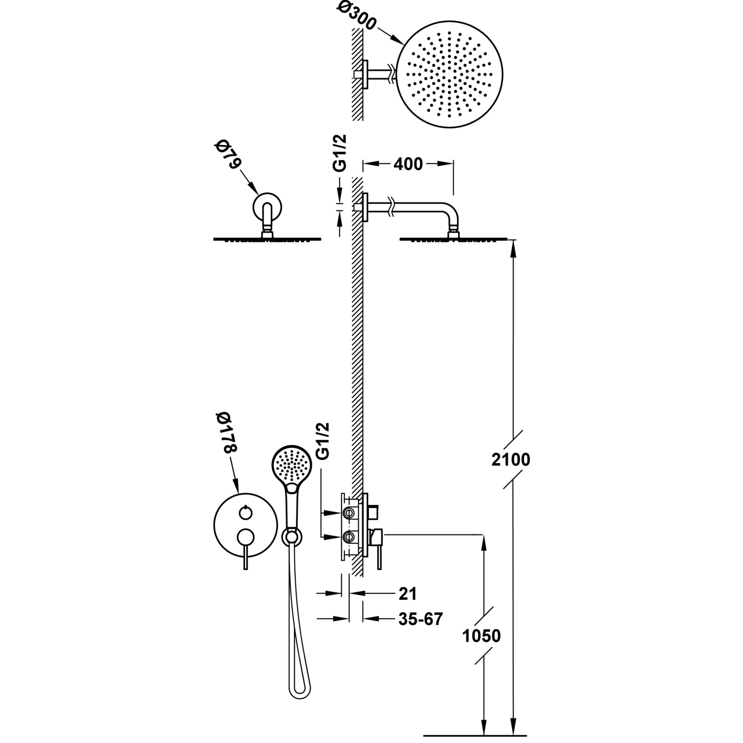 КОМПЛЕКТ смесителя для душа STUDY Rapid-box с 2-ходовым скрытым краном с одной ручкой-26228040OR TRES  - Вид №1