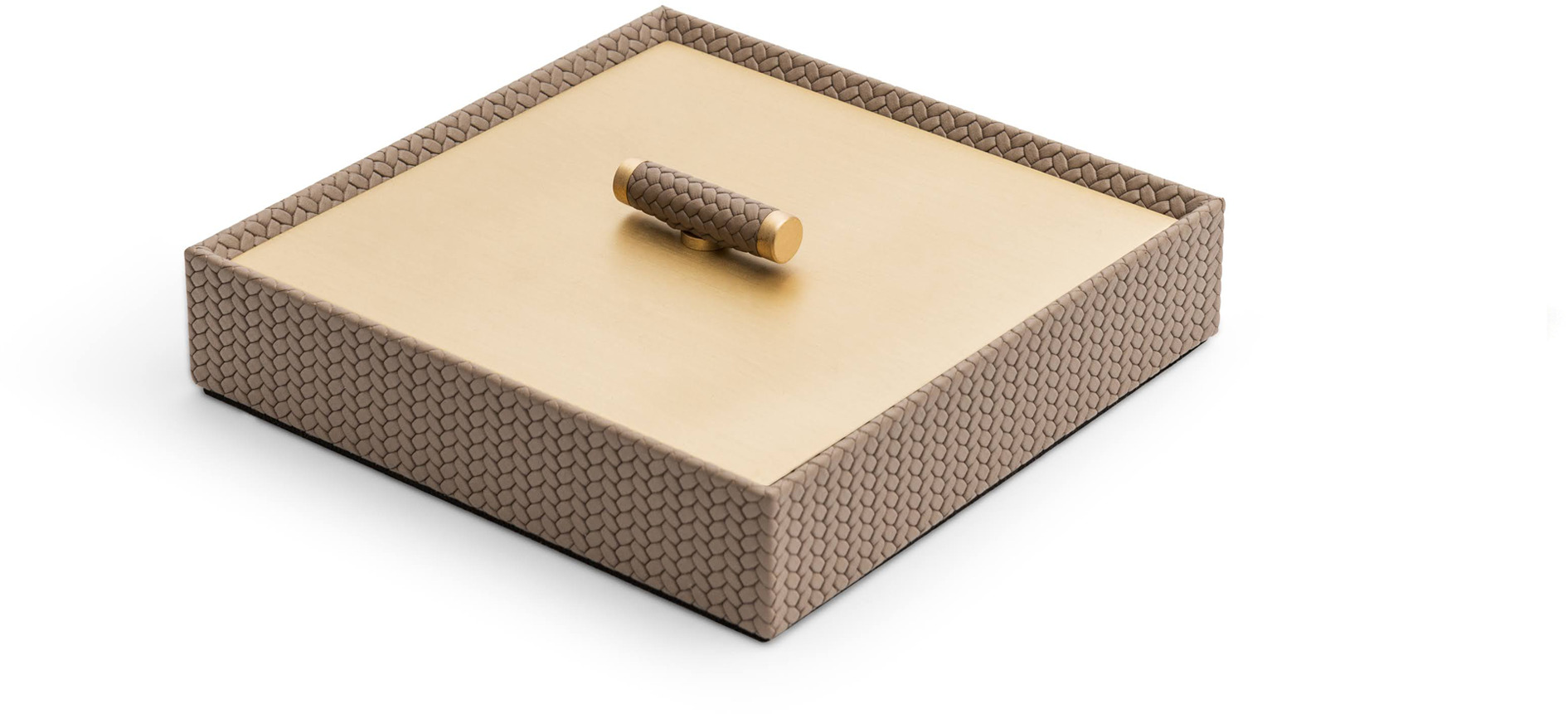 Iside Box - 17,6X17,6XH4,5 см / металл-отделка_сатин-латунь / плетеная кожа_кофе