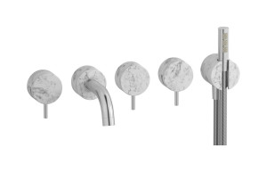 Настенный смеситель для ванной на 5 отверстий с дивертером и душевым гарнитуром. WE ARE IB mr398ss_1 Brushed Nickel Marmo