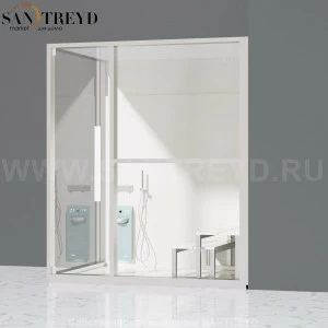 Effegibi H LARGE LO80020005 Комбинированная баня: хаммам и душ. Установка: в правый угол. Правая дверь. Мощность: 4,5 кВт макс. Размеры: длина 173 см, ширина 102 см. Отделка: матовый лакированный белый аллюминий и серый ламинат из керамогранита.