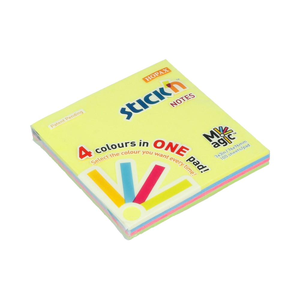 21571 Блок самоклеящийся бумажный Magic 100 л. неон 4 цвета в упаковке Stick`n 