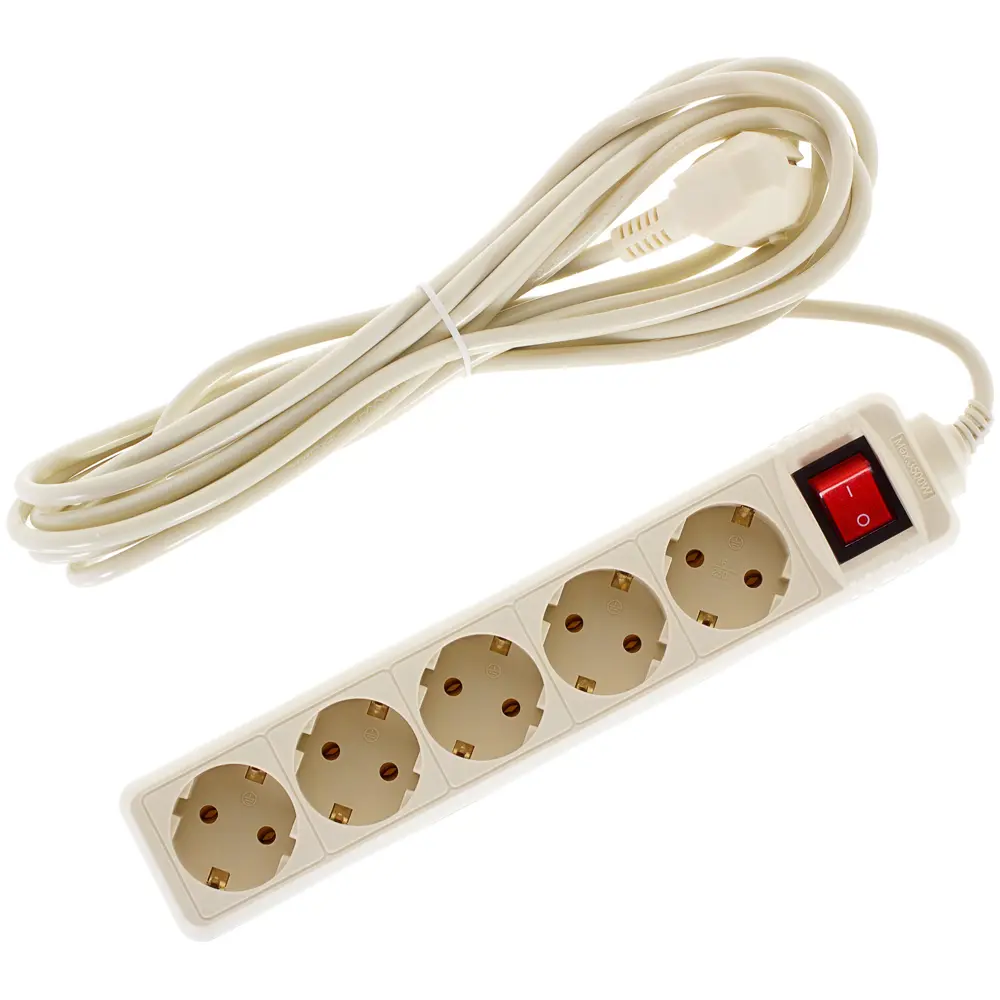 Удлинитель с заземлением, 5 розеток, 5 м, 3500 Вт, выключатель, цвет бежевый SKYBEAM STLM-2032190 - Вид №1