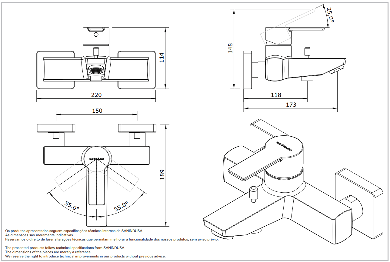 Смеситель для ванны 3 в 1 с ручным душем и шлангом Sanindusa Master 40 525080111 - Вид №3