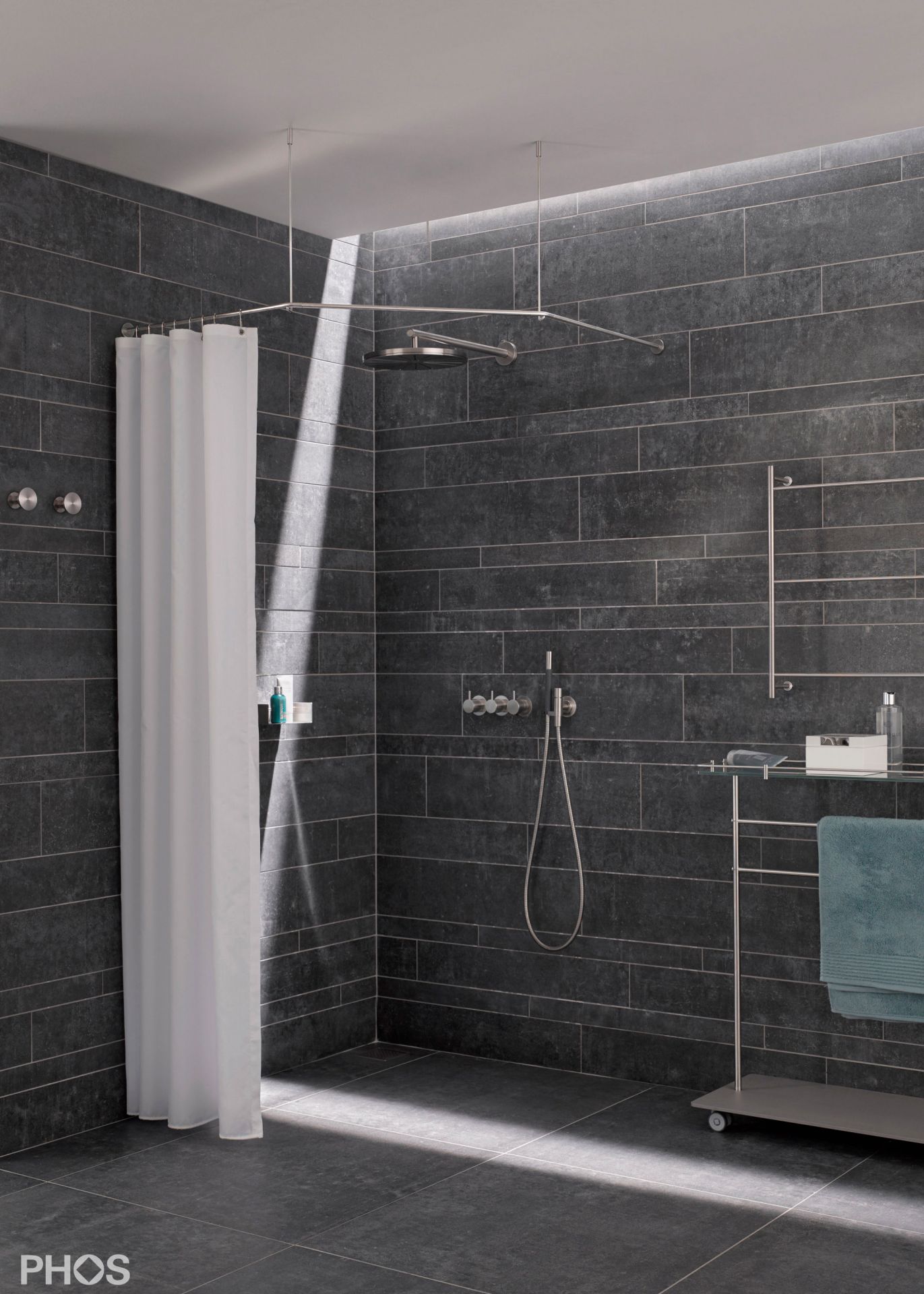 DSFE850K45 Пятиугольный карниз для душевой занавески, 85 x 85 см, для приклеивания к стене PHOS  - Вид №1