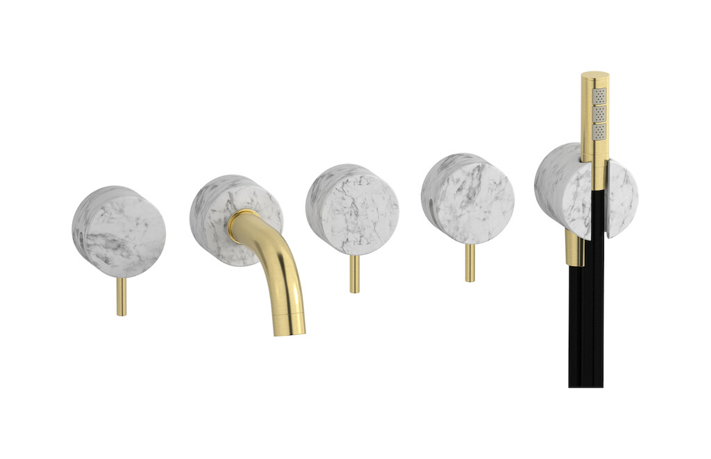 Настенный смеситель для ванной на 5 отверстий с дивертером и душевым гарнитуром. WE ARE IB mr398is_1 Brushed Pale Gold Marmo