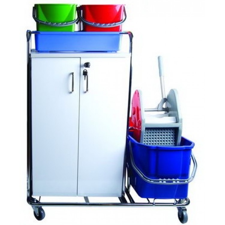 KHA 3204 Nossa Уборочная тележка многофункциональная шкаф с полками с замком отжим с ведрами 2х20 л. лоток, цветные ведра 4х5л. поворотные колеса 80мм 