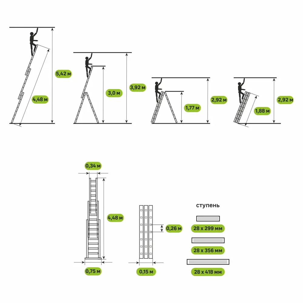 Лестница раскладная выдвижная 3-секционная Standers до 4.48 м 7 ступеней STLM-2192879 - Вид №9