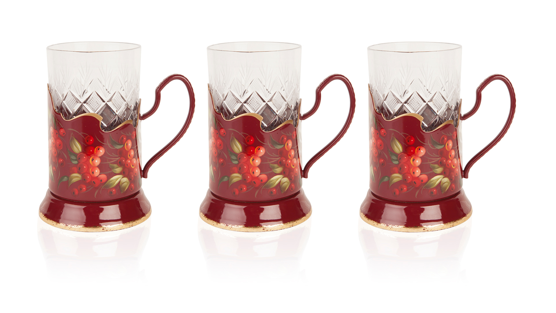 10604608 Жостовская фабрика декоративной росписи Набор из 3 подстаканников в шкатулке с подносом У-187 (худ.роспись) Латунь  - Вид №1