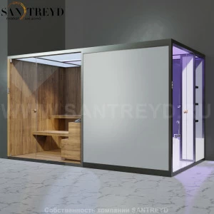 Effegibi BODYLOVE SH BL45230005 Боковая комбинированная баня: хаммам и сауна. Установка: в левый угол. Мощность: 15 кВт макс. Размеры: длина 393 см, ширина 176 см. Отделка: термообработанная древесина, гладкое стекло.