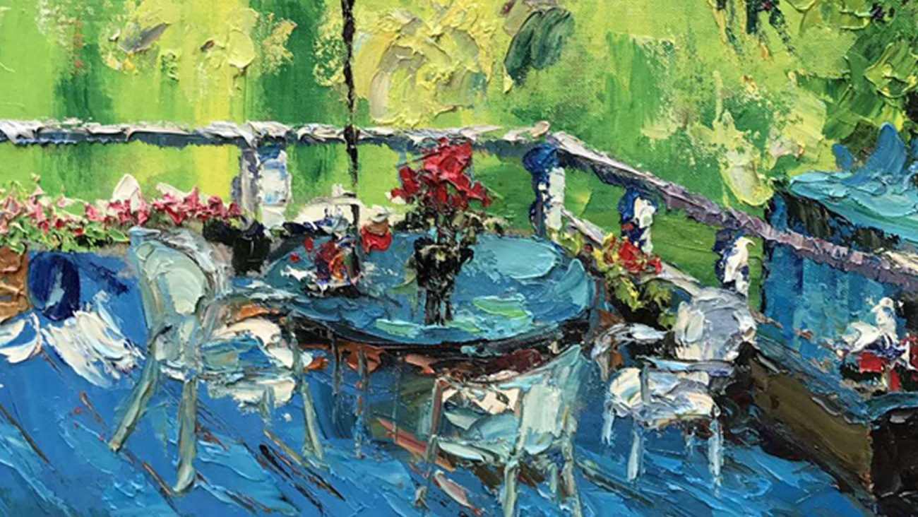 Картина на холсте 100х100 см "Стол на балконе EVENHOME КАРТИНЫ МАСЛОМ 129916 Голубой;зеленый;синий  - Вид №2