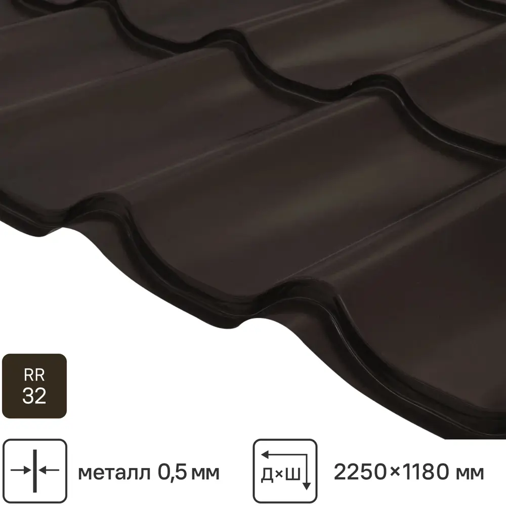 Металлочерепица 0.5 мм ГОСТ 2250x1180 мм RR32 коричневый Grand Line STLM-2024606