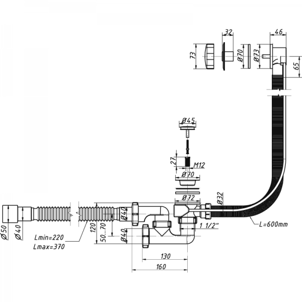 Сифон для ванны регулир. с перел. и гибк. трубой (полуавтомат) А-28089 (О)  А-28089 ОРИО 151667 - Вид №1
