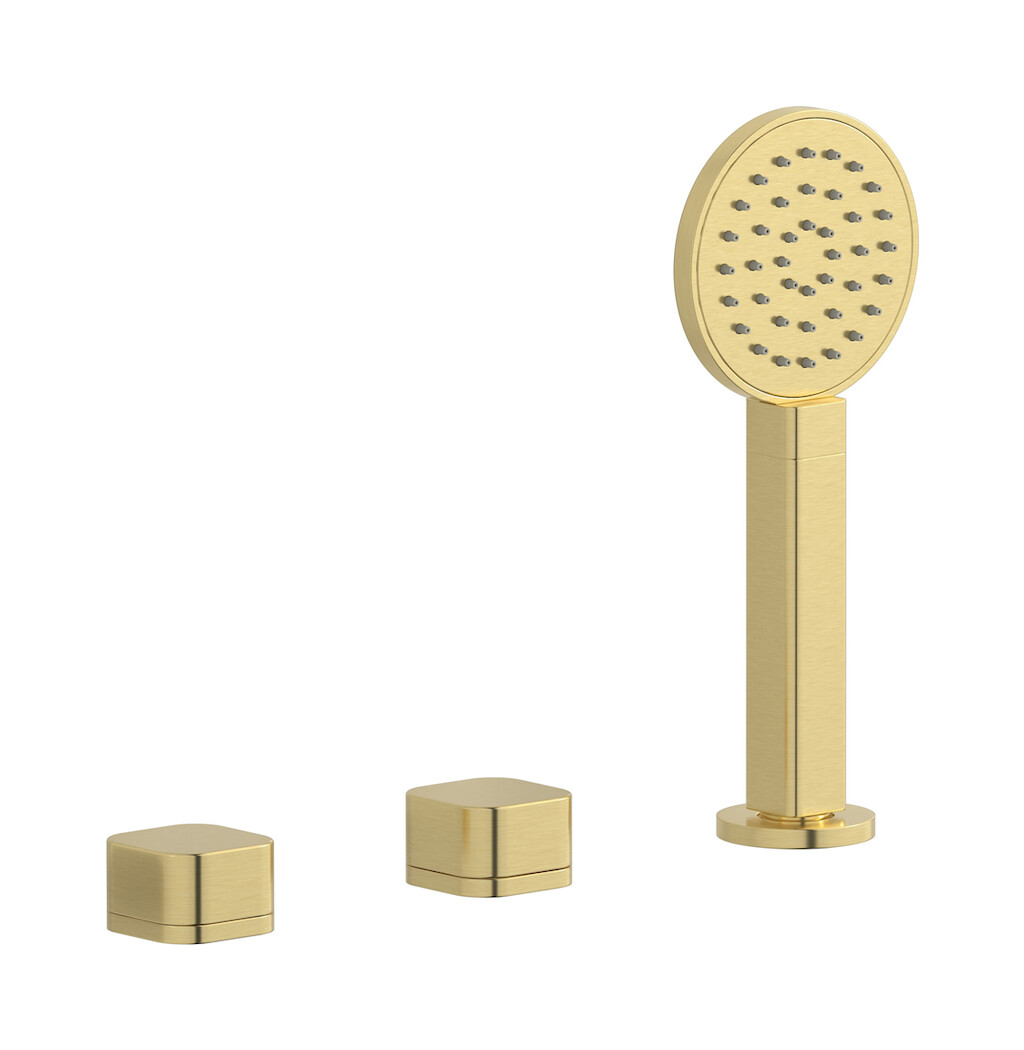 Смеситель на бортик ванной на 3 отверстия с изливом, дивертером и душевым гарнитуром. WE ARE IB eo397is_1 Brushed Pale Gold Elio