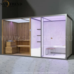 Effegibi BODYLOVE SH BL40210004 Фронтальная комбинированная баня: хаммам и сауна. Установка: в левый угол. Мощность: 15 кВт макс. Размеры: длина 393 см, ширина 176 см. Отделка: термообработанная древесина, светлый керамогранит и гладкая термообработанная