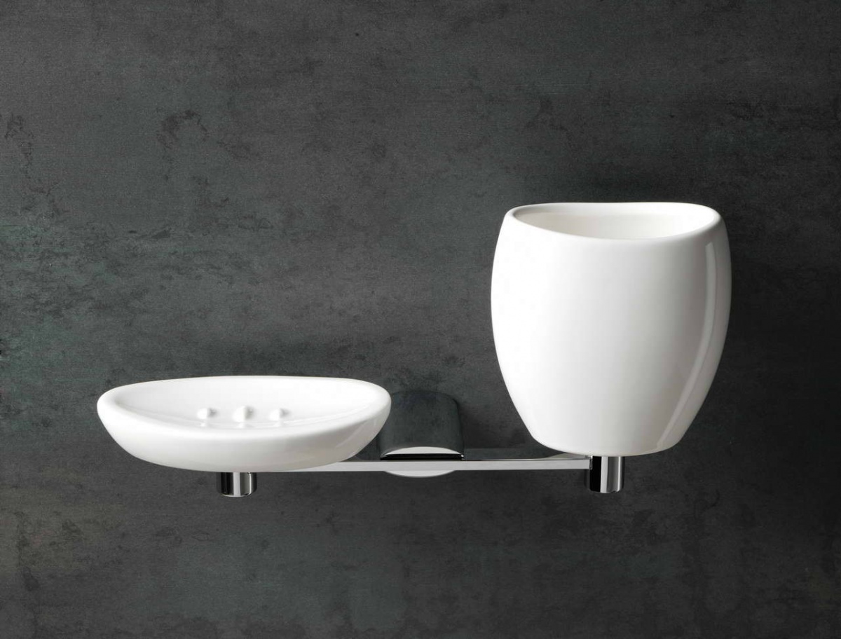 AR14(08-BI) Stil Haus Aria, настенные керамические мыльница + стакан, цвет хром - белая керамика