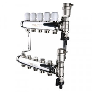 VTc.588.EMNX.0607 Коллекторный блок из нержавеющей стали с регулировочными и балансировочными клапанами Valtec 1", 7 x 3/4", "евроконус"