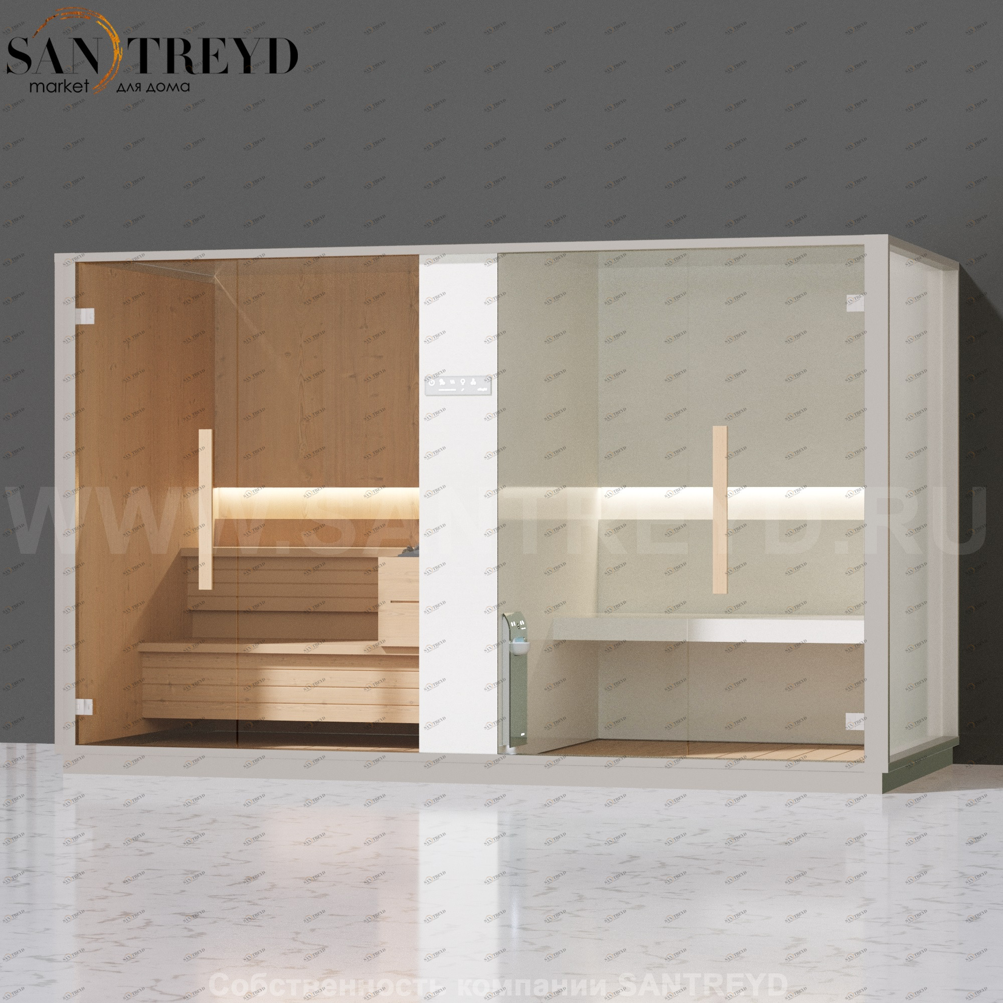 Effegibi LOGICA SH LO40020001 Комбинированная баня: хаммам и сауна. Установка: к стене. Мощность: 10,5 кВт макс. Размеры: длина 373 см, ширина 171 см. Отделка: канадский хемлок, матовый лакированный белый аллюминий и серый ламинат из керамогранита.