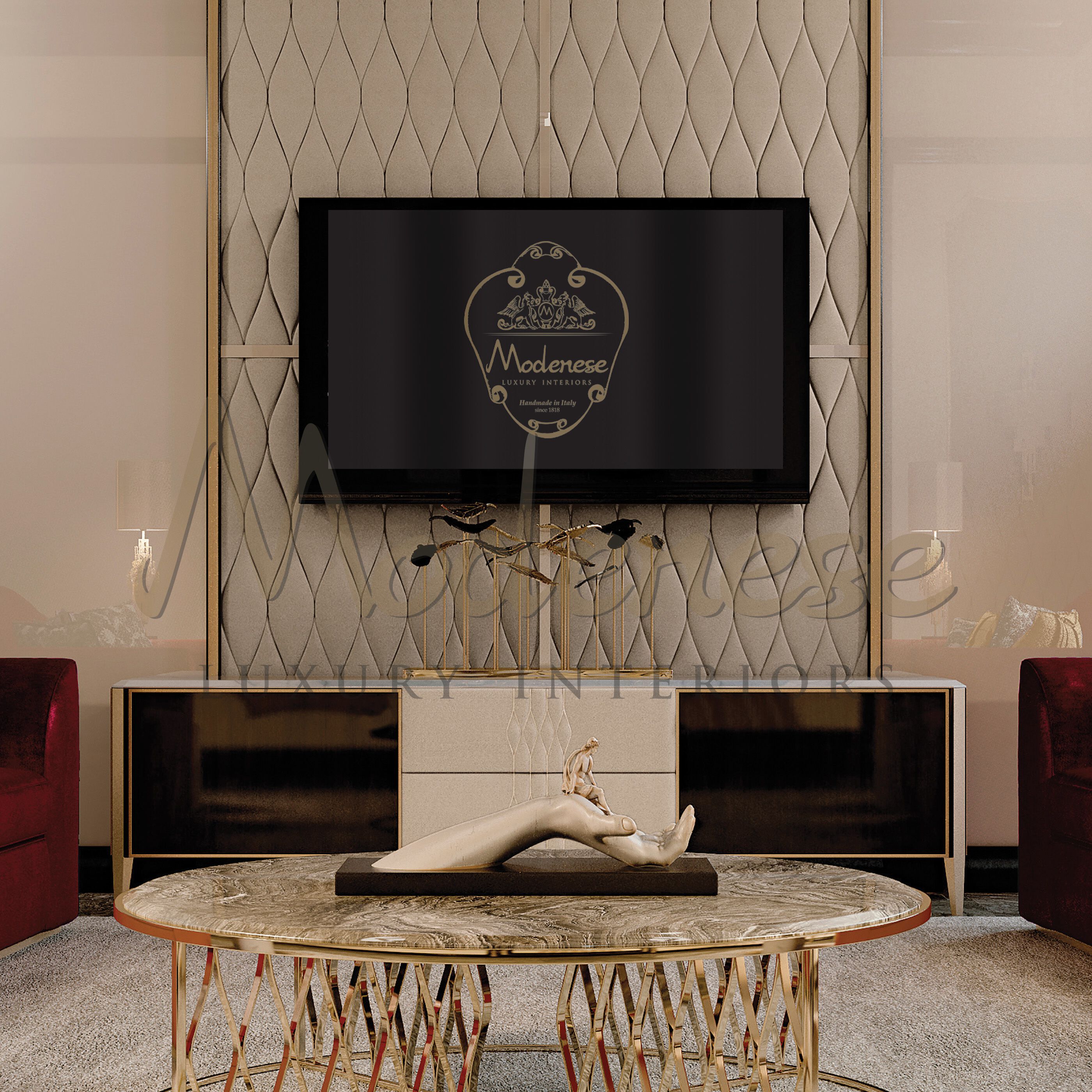 Шкаф для телевизора из бука и мрамора Calacatta с ящиками Modenese Luxury Interiors NOVA LUXE ARCH-00142330 - Вид №3