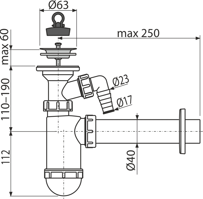 Сифон для умывальника DN40 со штуцером и нержавеющей peшeткой DN63 ALCAPLAST A41P - Вид №1
