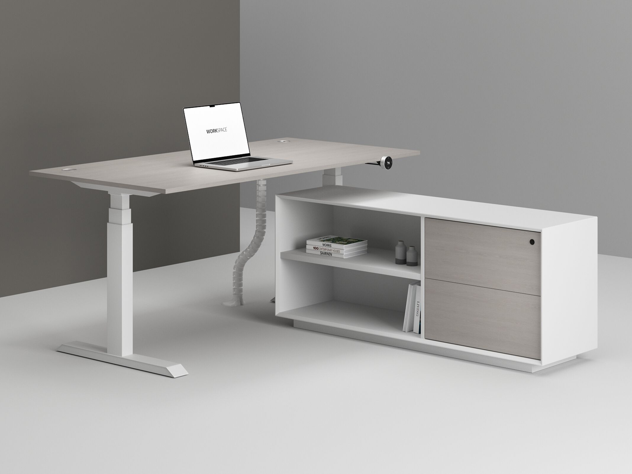 Деревянный регулируемый по высоте угловой стол со встроенной полкой WORKSPACE MAX PRO DUAL MOTOR ARCH-00146702