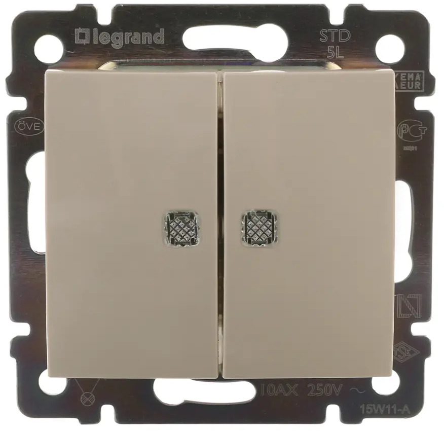 Legrand Valena Classic - двухклавишный выключатель с зелёной подсветкой, слоновая кость 12241274