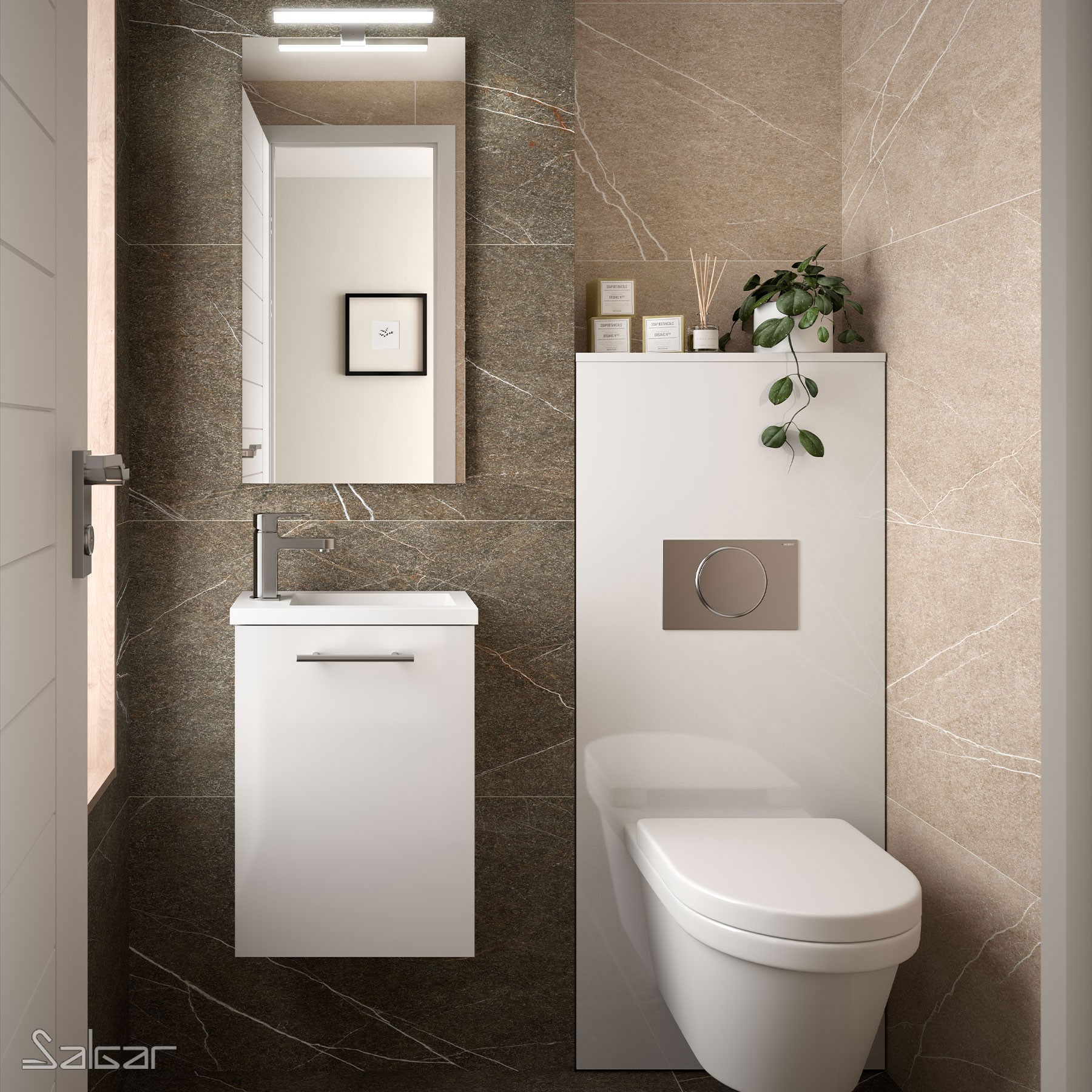 25352 SALGAR Комплект мебели для ванной MICRO 400 WHITE GLOSS LACQUERED + Раковина + Зеркало + Свет Глянцевый белый