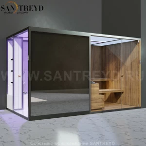 Effegibi BODYLOVE SH BL45210003 Боковая комбинированная баня: хаммам и сауна. Установка: в правый угол. Мощность: 15 кВт макс. Размеры: длина 393 см, ширина 176 см. Отделка: термообработанная древесина, светлый керамогранит и зеркало.