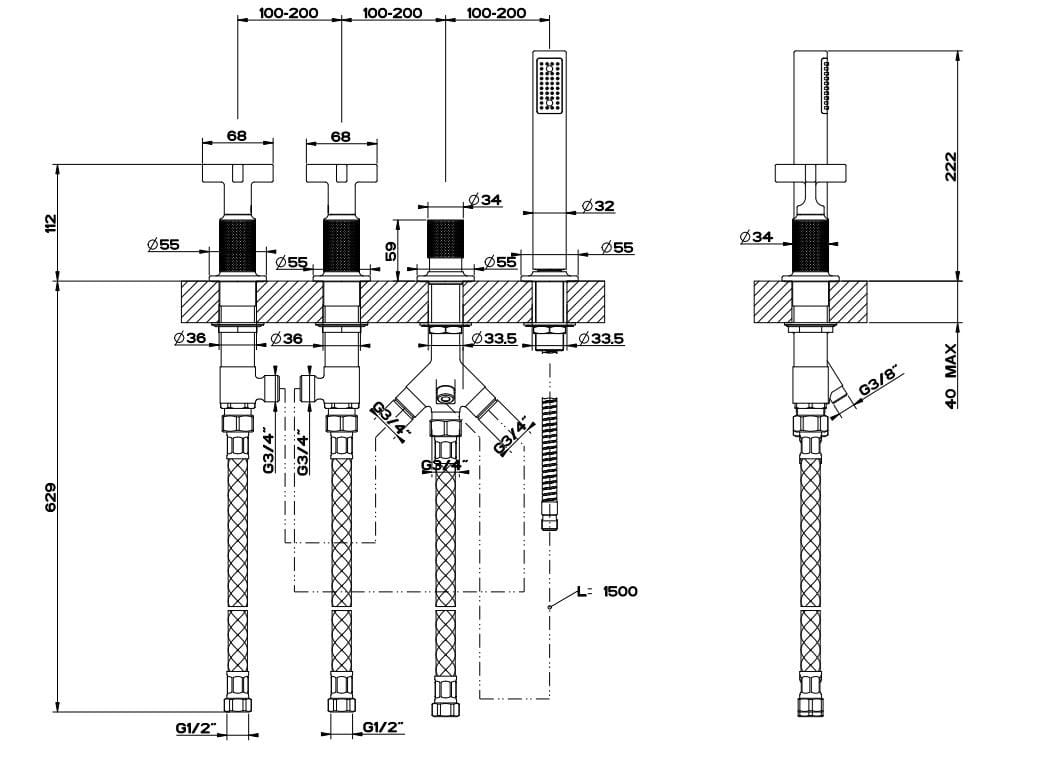 Набор для ванны с 4 отверстиями из хромированной латуни с переключателем Gessi гравировка ARCH-00024291 - Вид №2