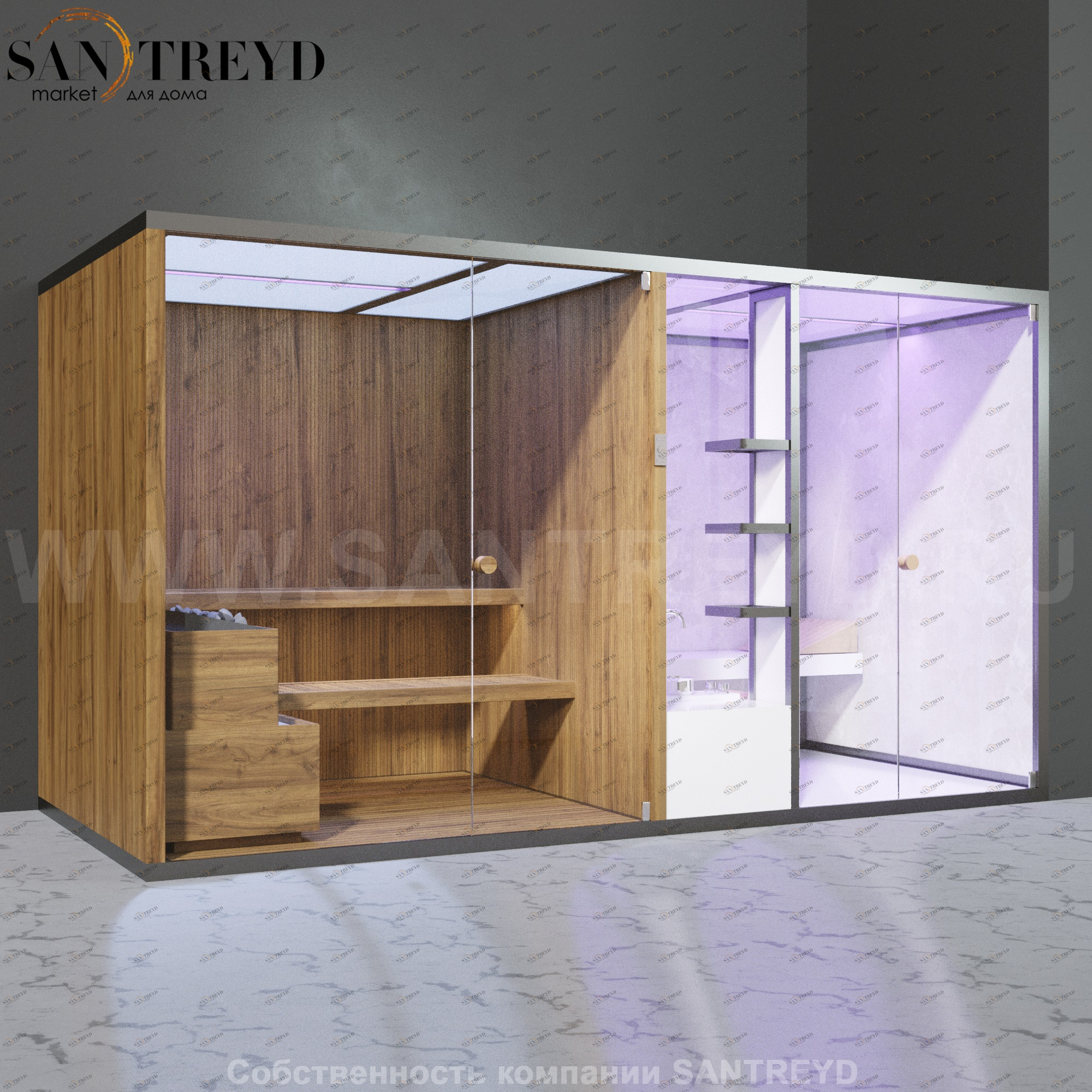 Effegibi BODYLOVE SH BL40210002 Фронтальная комбинированная баня: хаммам и сауна. Установка: в правый угол. Мощность: 15 кВт макс. Размеры: длина 393 см, ширина 176 см. Отделка: термообработанная древесина, светлый керамогранит и гладкая термообработанная