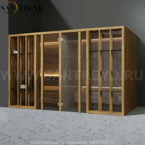 Effegibi YOKU.S SH YO.10220003 Комбинированная баня: хаммам и сауна. Установка: в левый угол. Мощность: 10,5 кВт макс. Размеры: длина 342 см, ширина 170 см. Отделка: термообработанное дерево и темный керамогранит