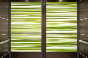 FSRT807 Интерьер лифта Levele-107 с панелями лайтплана в стекле vivispectra elements с рисунком юкка и отделкой pearlex +; Панели захвата из склеенной бронзы с темной патиной и рисунком тревиа на Вудворд-авеню 1520 и 1528, Детройт, Мичиган Forms-surfaces