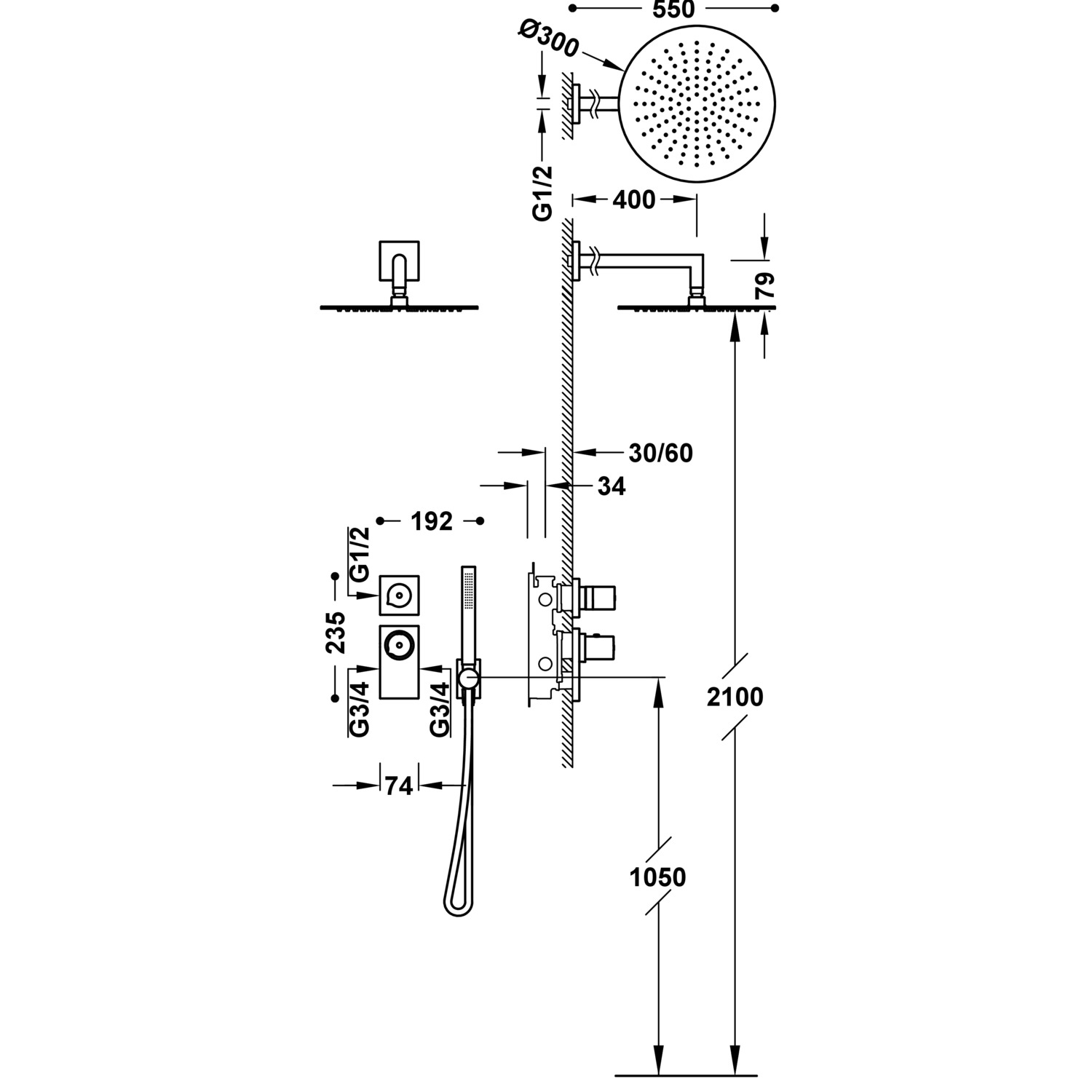 БЛОЧНАЯ СИСТЕМА Block System 2-ходовой комплект скрытого термостатического смесителя для душа-20635201NM TRES Thermostatic - Вид №1