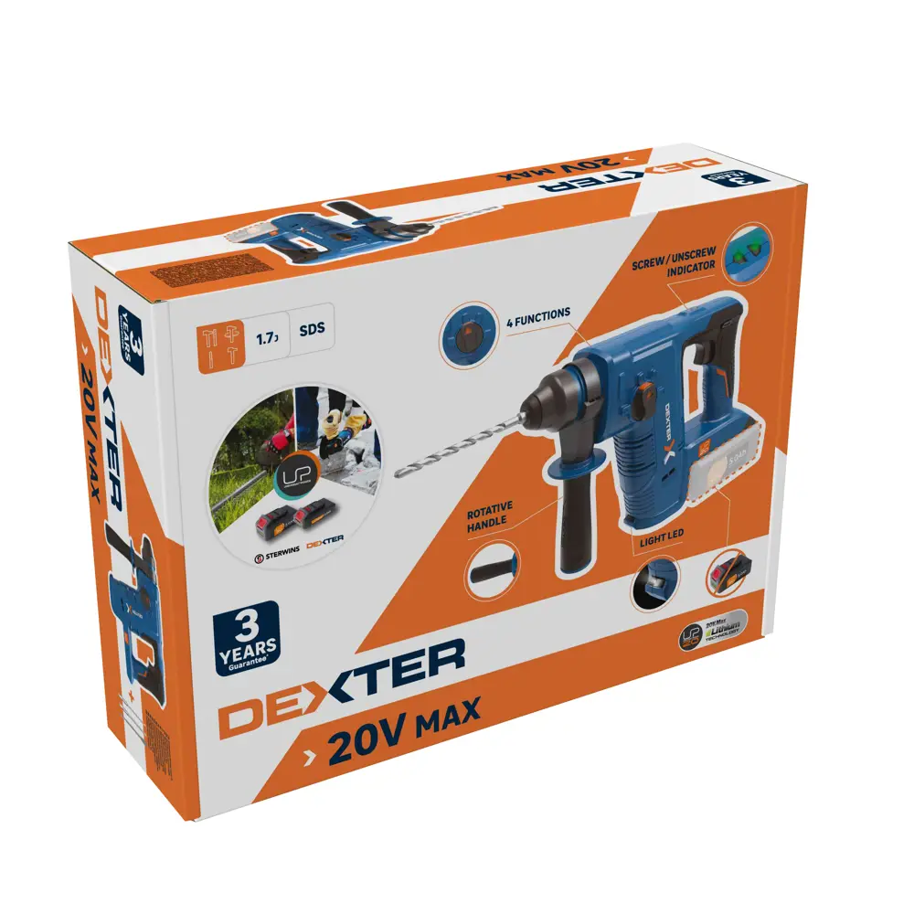 Перфоратор SDS-plus Dexter 20VRH2-17.1, 20 В Li-ion, 1.7 Дж, без АКБ и ЗУ STLM-2158048 - Вид №9